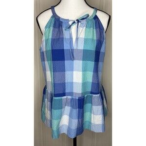 Loft blue plaid keyhole peplum halter top Sz M coastal vacation summer party